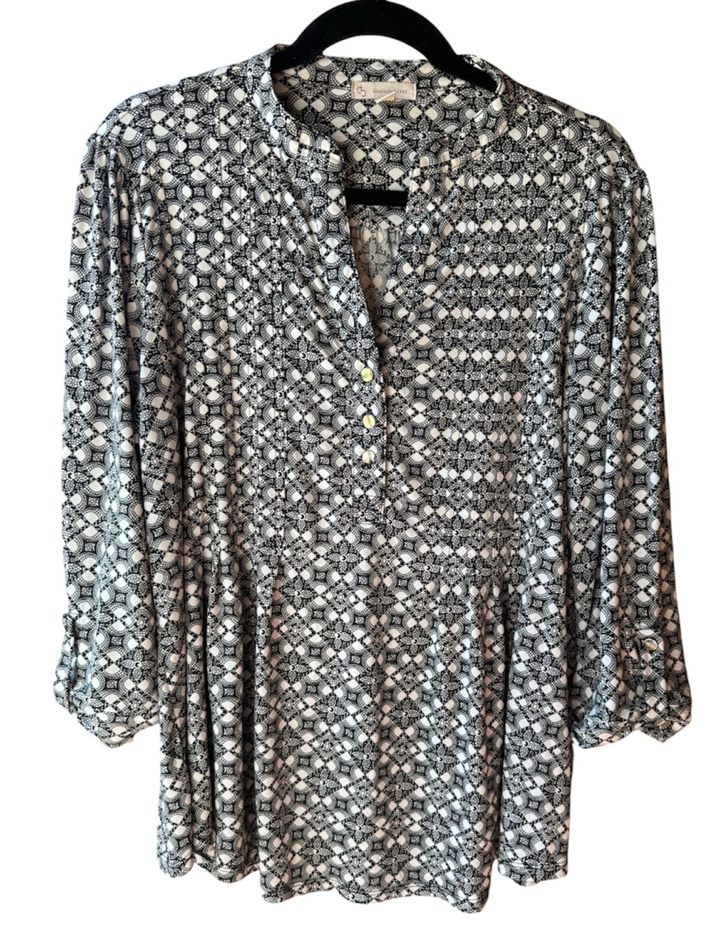Black & White Geometric Print Women’s Peasant Blouse, 3/4 sleeve, stretchy